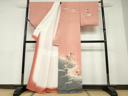 平和屋着物●訪問着　流水飾花文　暈し染め　金彩　鬼しぼ縮緬　正絹　逸品　DABD9448ud