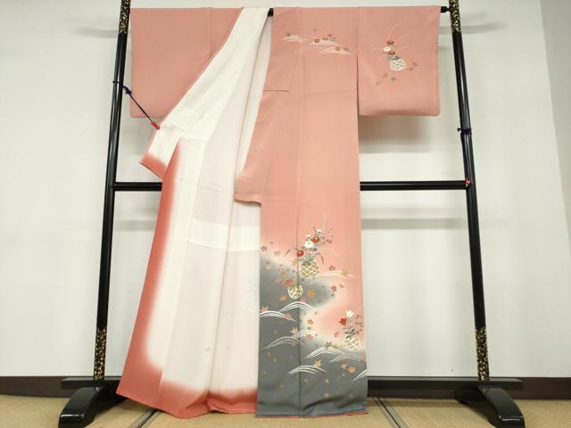 平和屋着物●訪問着　流水飾花文　暈し染め　金彩　鬼しぼ縮緬　正絹　逸品　DABD9448ud