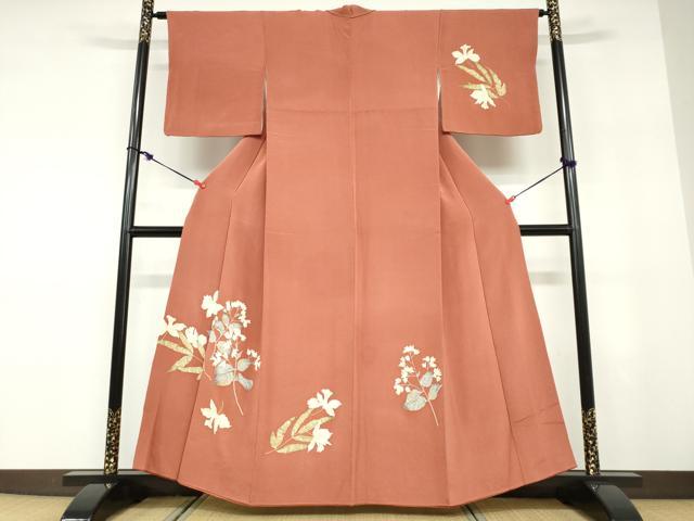 平和屋着物●訪問着　草花文　金彩　鬼しぼ縮緬　正絹　逸品　DABD9451ud