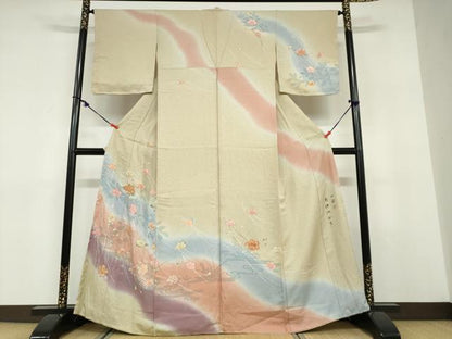 平和屋着物●訪問着　作家物　駒刺繍　草花文　暈し染め　金彩　正絹　逸品　未使用　DABD9470ud