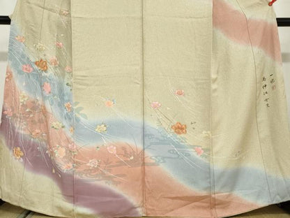 平和屋着物●訪問着　作家物　駒刺繍　草花文　暈し染め　金彩　正絹　逸品　未使用　DABD9470ud