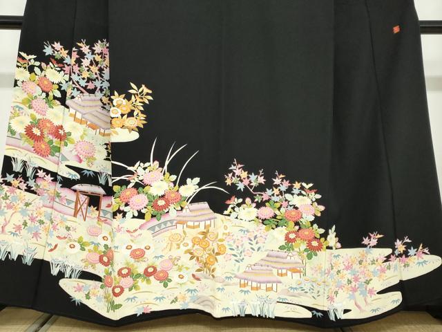 平和屋着物●本加賀友禅作家　東藤岳　黒留袖　風景草花文　正絹　逸品　DABD9475ud