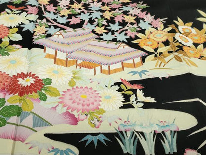 平和屋着物●本加賀友禅作家　東藤岳　黒留袖　風景草花文　正絹　逸品　DABD9475ud