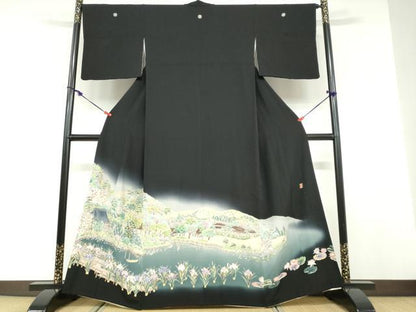 平和屋着物●豪華黒留袖　友禅　作家物　流水風景草花文　暈し染め　正絹　逸品　DABD9476ud