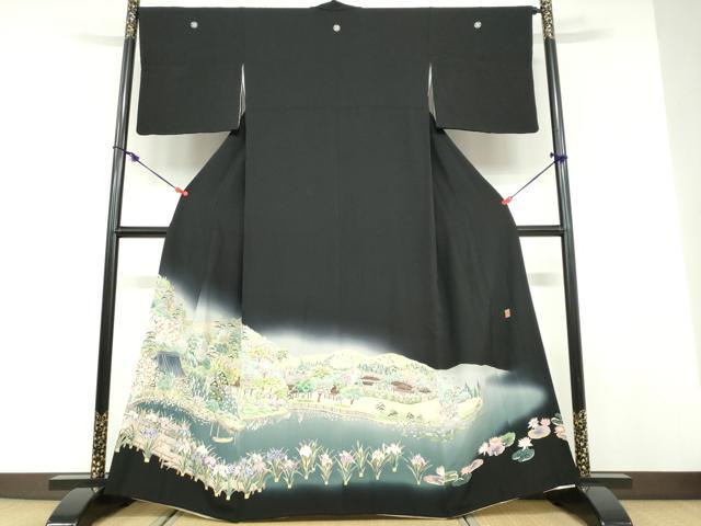 平和屋着物●豪華黒留袖　友禅　作家物　流水風景草花文　暈し染め　正絹　逸品　DABD9476ud