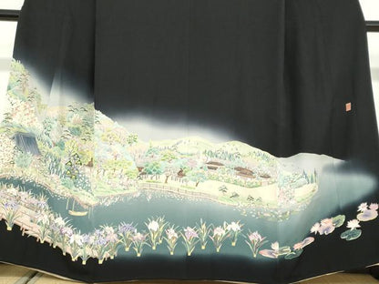 平和屋着物●豪華黒留袖　友禅　作家物　流水風景草花文　暈し染め　正絹　逸品　DABD9476ud