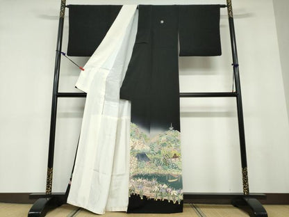 平和屋着物●豪華黒留袖　友禅　作家物　流水風景草花文　暈し染め　正絹　逸品　DABD9476ud
