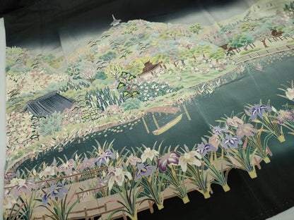 平和屋着物●豪華黒留袖　友禅　作家物　流水風景草花文　暈し染め　正絹　逸品　DABD9476ud