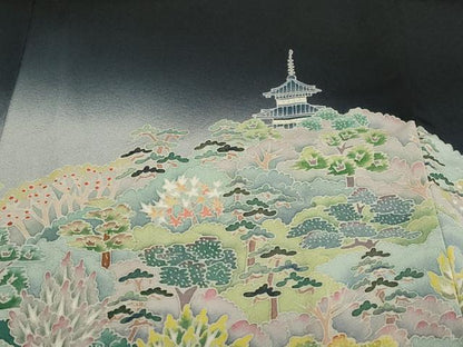平和屋着物●豪華黒留袖　友禅　作家物　流水風景草花文　暈し染め　正絹　逸品　DABD9476ud