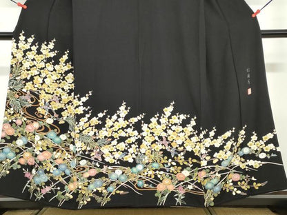 平和屋着物●豪華黒留袖　友禅　作家物　花鳥文　正絹　逸品　DABD9478ud