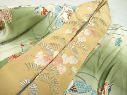 平和屋着物●振袖用長襦袢　袷　草花丸文　半衿刺繍　正絹　逸品　DABD9486ud