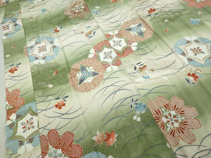 平和屋着物●振袖用長襦袢　袷　草花丸文　半衿刺繍　正絹　逸品　DABD9486ud