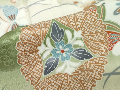 平和屋着物●振袖用長襦袢　袷　草花丸文　半衿刺繍　正絹　逸品　DABD9486ud