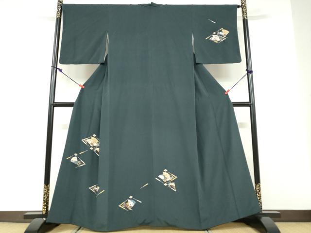 平和屋着物●訪問着　駒刺繍　扇面草花文　金彩　正絹　逸品　DABD9489ud