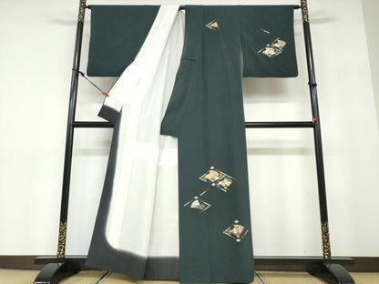 平和屋着物●訪問着　駒刺繍　扇面草花文　金彩　正絹　逸品　DABD9489ud