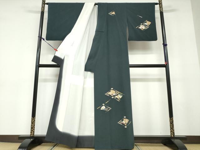 平和屋着物●訪問着　駒刺繍　扇面草花文　金彩　正絹　逸品　DABD9489ud