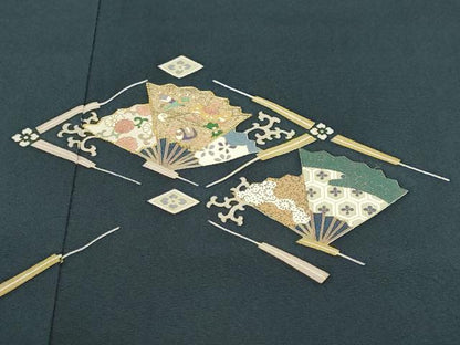 平和屋着物●訪問着　駒刺繍　扇面草花文　金彩　正絹　逸品　DABD9489ud