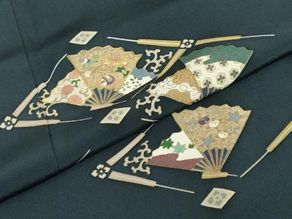 平和屋着物●訪問着　駒刺繍　扇面草花文　金彩　正絹　逸品　DABD9489ud