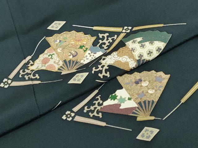 平和屋着物●訪問着　駒刺繍　扇面草花文　金彩　正絹　逸品　DABD9489ud