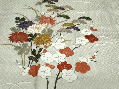 平和屋着物●訪問着　駒刺繍　草花文　正絹　逸品　DABD9493ud