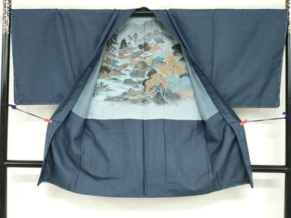平和屋着物●男性　紬　アンサンブル　長羽織　100亀甲　総詰め　正絹　逸品　未使用　DABD9496ud