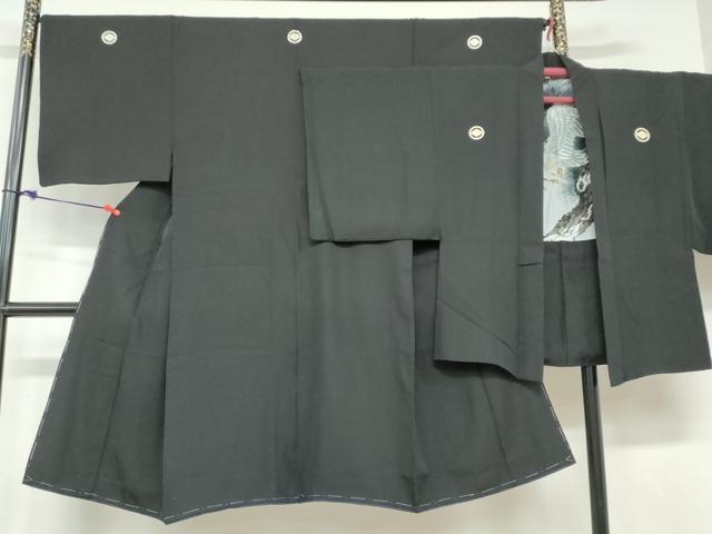 平和屋着物●男性　黒紋付　羽織セット　羽裏：松　鷹　正絹　逸品　DABD9497ud