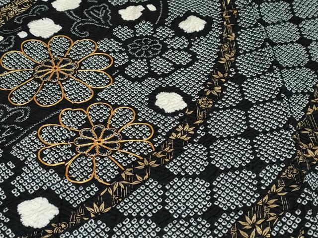 平和屋着物●豪華振袖　駒刺繍　絞り　草花文　黒地　金彩　鈴乃屋扱い　正絹　逸品　DABD9503ud