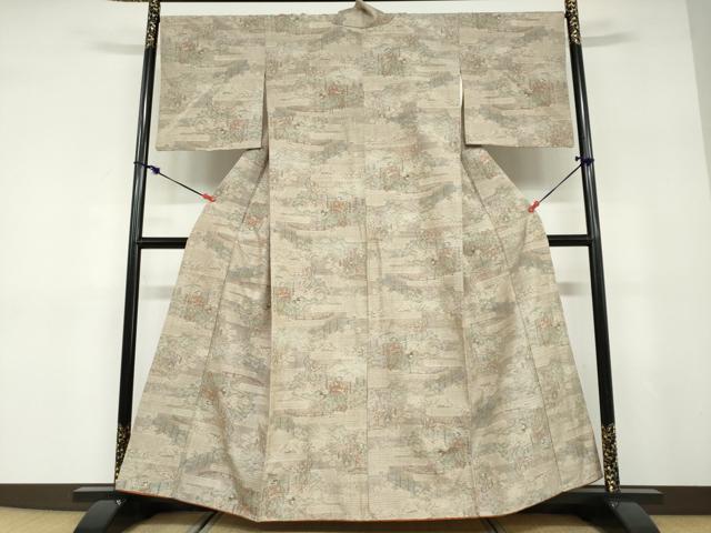 平和屋着物●小千谷紬　80亀甲　人物風景文　正絹　逸品　DABD9504ud