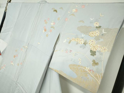 平和屋着物●訪問着　駒刺繍　流水雲取草花文　金彩　正絹　逸品　DABD9511ud