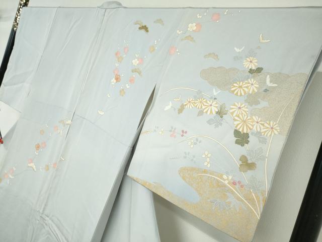 平和屋着物●訪問着　駒刺繍　流水雲取草花文　金彩　正絹　逸品　DABD9511ud