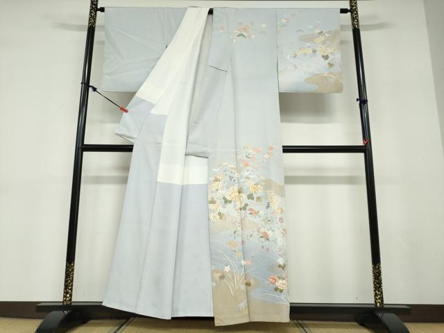 平和屋着物●訪問着　駒刺繍　流水雲取草花文　金彩　正絹　逸品　DABD9511ud