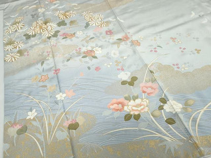 平和屋着物●訪問着　駒刺繍　流水雲取草花文　金彩　正絹　逸品　DABD9511ud