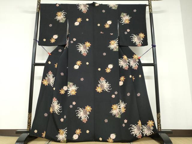 平和屋着物●上質な小紋　乱菊　草花文　源氏香　黒地　鬼しぼ縮緬　正絹　逸品　DABD9525ud