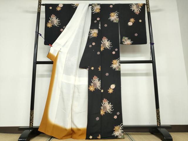 平和屋着物●上質な小紋　乱菊　草花文　源氏香　黒地　鬼しぼ縮緬　正絹　逸品　DABD9525ud