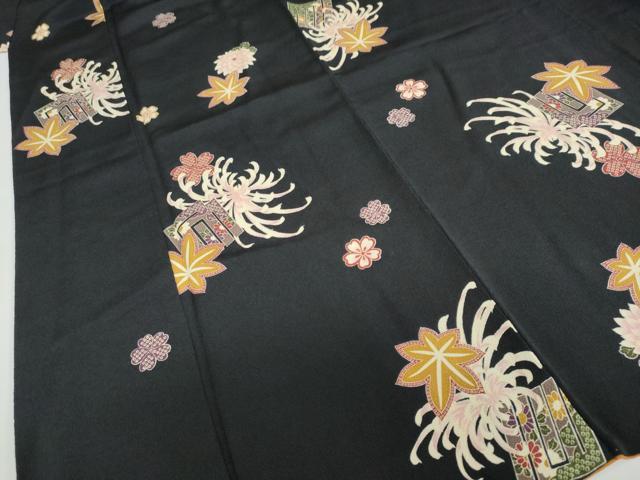 平和屋着物●上質な小紋　乱菊　草花文　源氏香　黒地　鬼しぼ縮緬　正絹　逸品　DABD9525ud