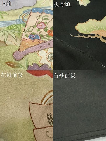 平和屋本店●アンティーク　大正ロマン　振袖　駒刺繍　几帳飛鶴草花文　黒地　正絹　逸品　DABD9526ud