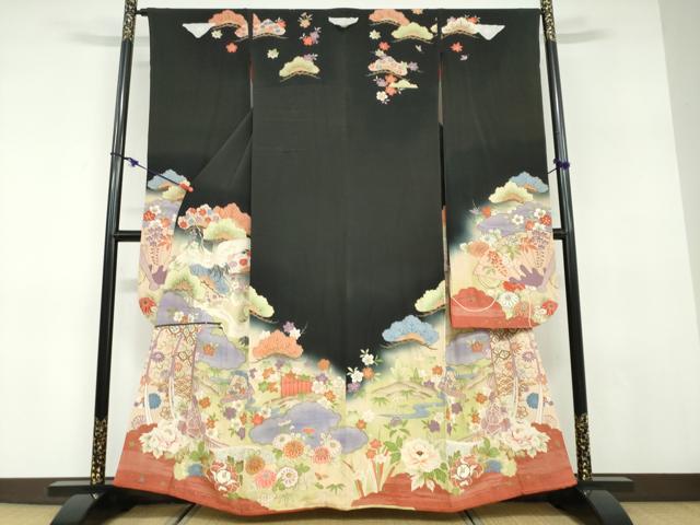 平和屋本店●アンティーク　大正ロマン　振袖　駒刺繍　几帳飛鶴草花文　黒地　正絹　逸品　DABD9526ud