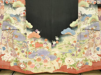 平和屋本店●アンティーク　大正ロマン　振袖　駒刺繍　几帳飛鶴草花文　黒地　正絹　逸品　DABD9526ud