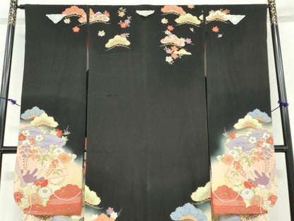 平和屋本店●アンティーク　大正ロマン　振袖　駒刺繍　几帳飛鶴草花文　黒地　正絹　逸品　DABD9526ud