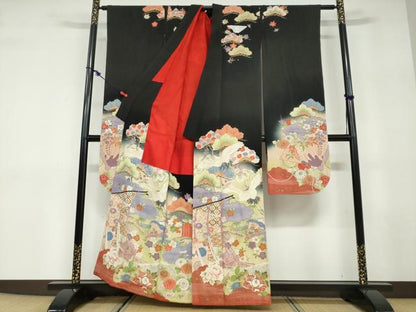 平和屋本店●アンティーク　大正ロマン　振袖　駒刺繍　几帳飛鶴草花文　黒地　正絹　逸品　DABD9526ud