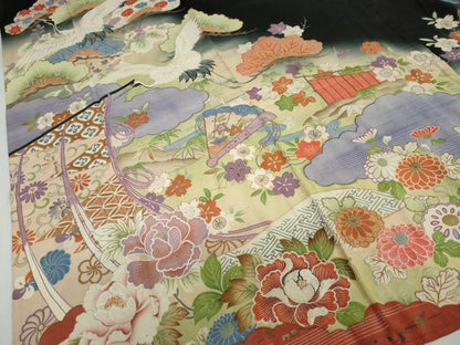 平和屋本店●アンティーク　大正ロマン　振袖　駒刺繍　几帳飛鶴草花文　黒地　正絹　逸品　DABD9526ud