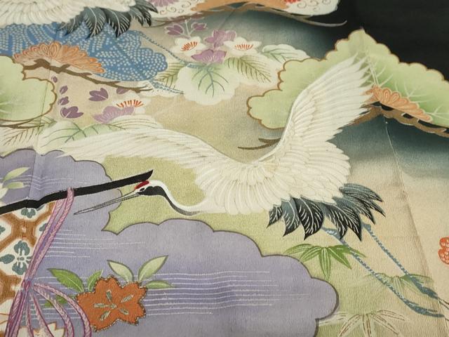 平和屋本店●アンティーク　大正ロマン　振袖　駒刺繍　几帳飛鶴草花文　黒地　正絹　逸品　DABD9526ud