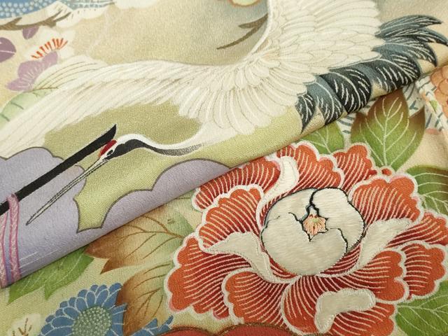 平和屋本店●アンティーク　大正ロマン　振袖　駒刺繍　几帳飛鶴草花文　黒地　正絹　逸品　DABD9526ud