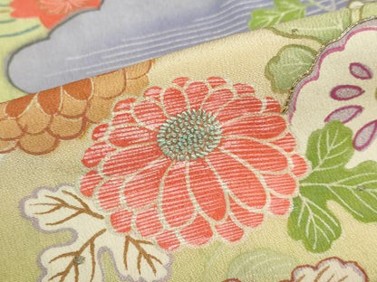 平和屋本店●アンティーク　大正ロマン　振袖　駒刺繍　几帳飛鶴草花文　黒地　正絹　逸品　DABD9526ud