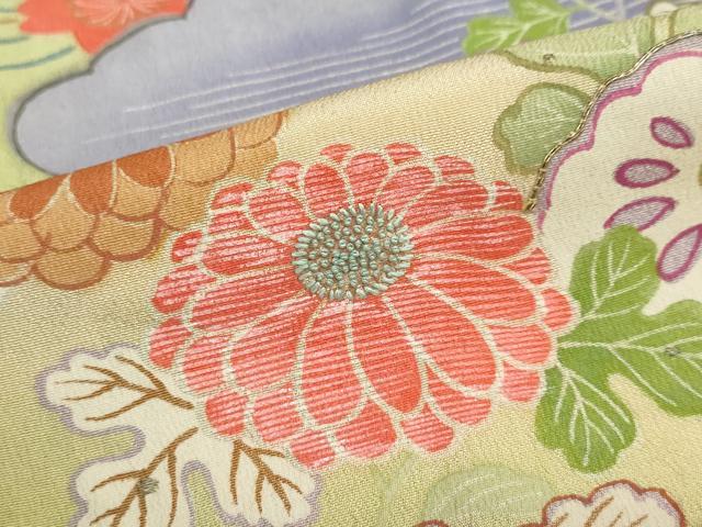 平和屋本店●アンティーク　大正ロマン　振袖　駒刺繍　几帳飛鶴草花文　黒地　正絹　逸品　DABD9526ud