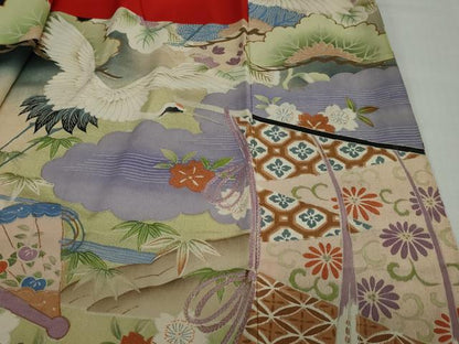 平和屋本店●アンティーク　大正ロマン　振袖　駒刺繍　几帳飛鶴草花文　黒地　正絹　逸品　DABD9526ud
