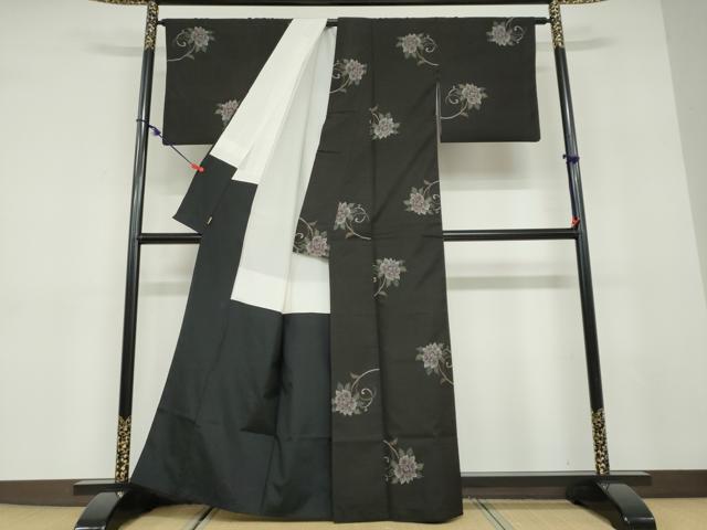平和屋着物●本場大島紬　9マルキ　地空き　草花文　黒地　ますいわ屋扱い　正絹　逸品　DABD9530ud