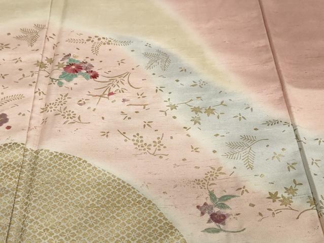 平和屋着物●訪問着　紬地　刺繍　道長草花文　金彩　正絹　逸品　DABD9534ud