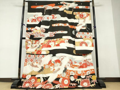 平和屋本店●アンティーク　大正ロマン　振袖　長襦袢（袷）セット　駒刺繍　飛鶴草花文　半衿刺繍　正絹　逸品　DABD9538ud