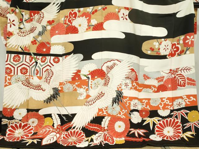 平和屋本店●アンティーク　大正ロマン　振袖　長襦袢（袷）セット　駒刺繍　飛鶴草花文　半衿刺繍　正絹　逸品　DABD9538ud